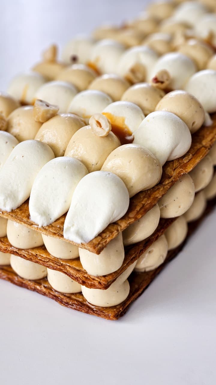 Mille-feuille vanille noisettes, gros plan feuilletage